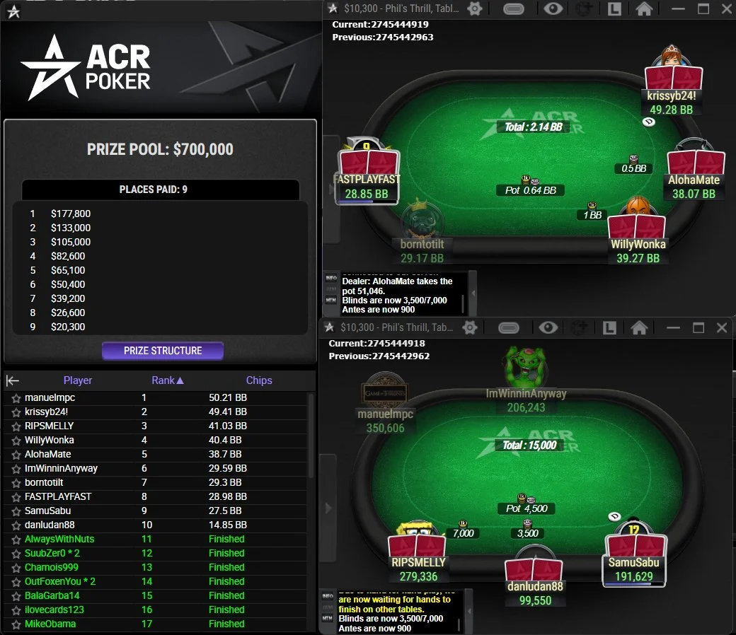 ACR Phil's Thrill $10K final bubble replayer with prize structure