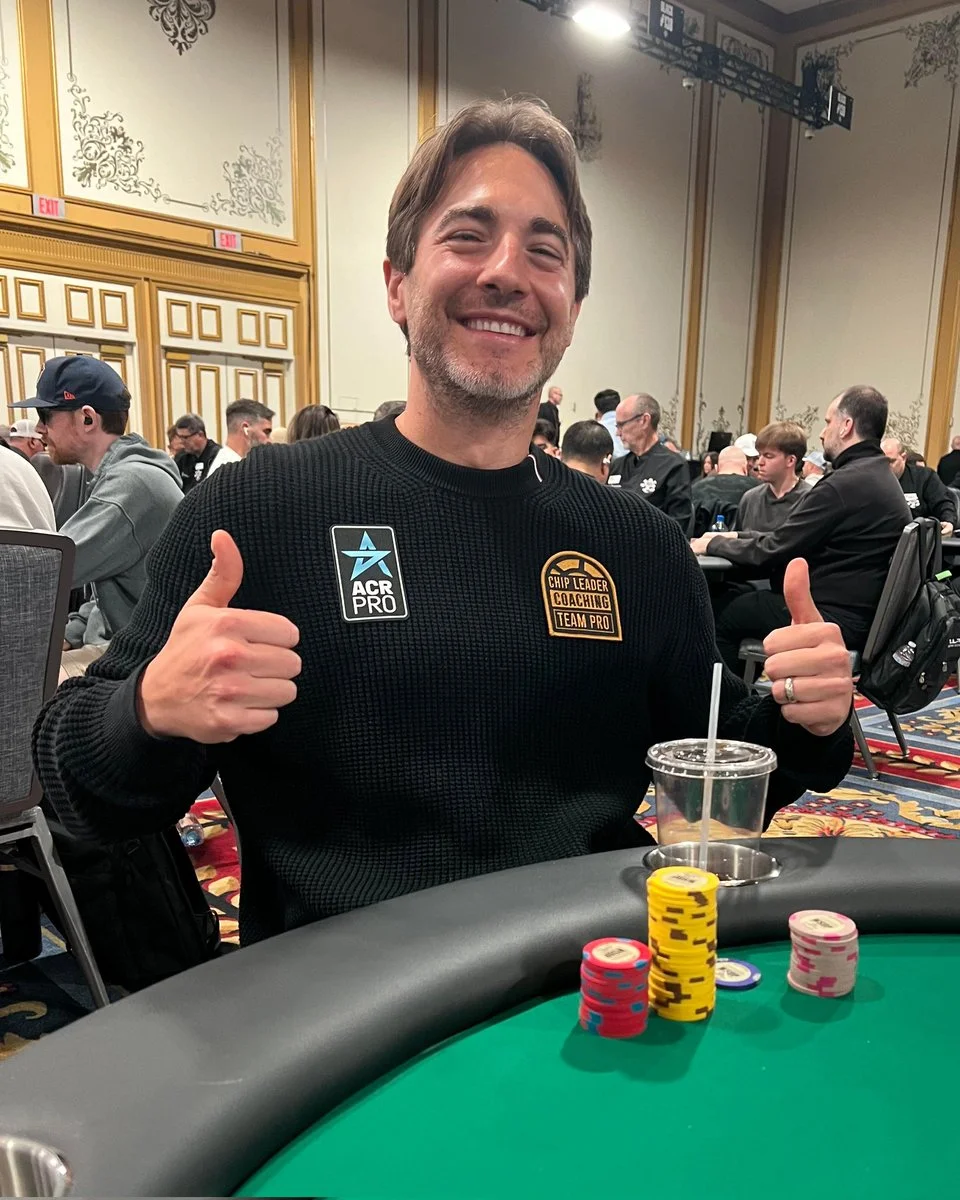 Chance Kornuth at WSOP 2026 $5K NLH wearing ACR Pro and Chip Leader Coaching patches