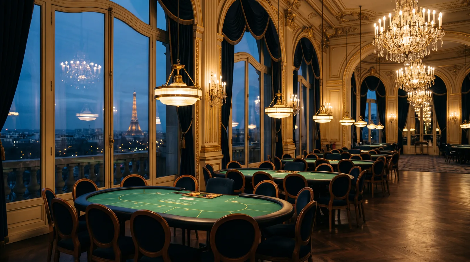 Empty live poker tables in a Parisian casino at dusk with the Eiffel Tower visible through the windows