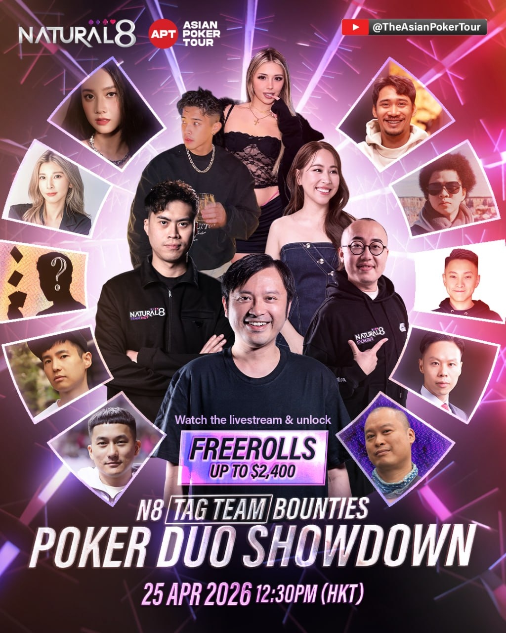 Natural8 APT Poker Duo Showdown promotional artwork featuring the tag-team lineup