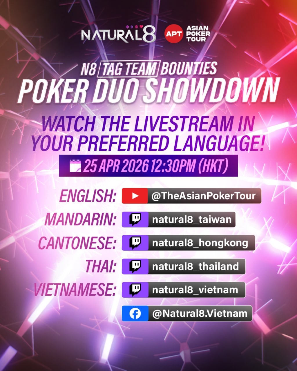 Poker Duo Showdown stream schedule across English, Mandarin, Cantonese, Thai and Vietnamese