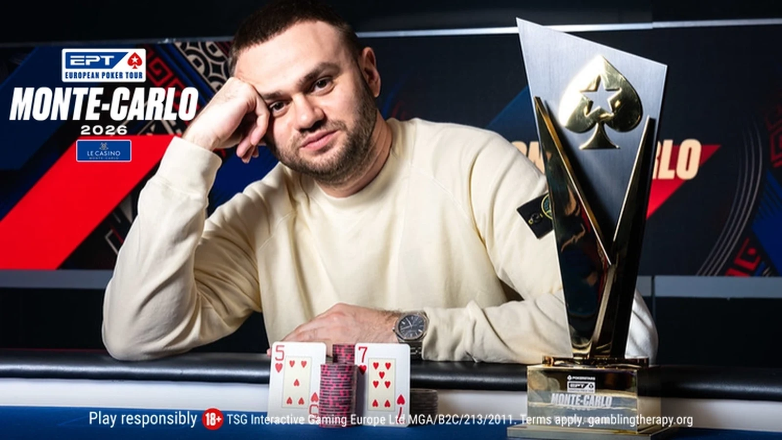 Roman Stoica with the EPT Monte-Carlo 2026 trophy after winning the Main Event for EUR 825,000