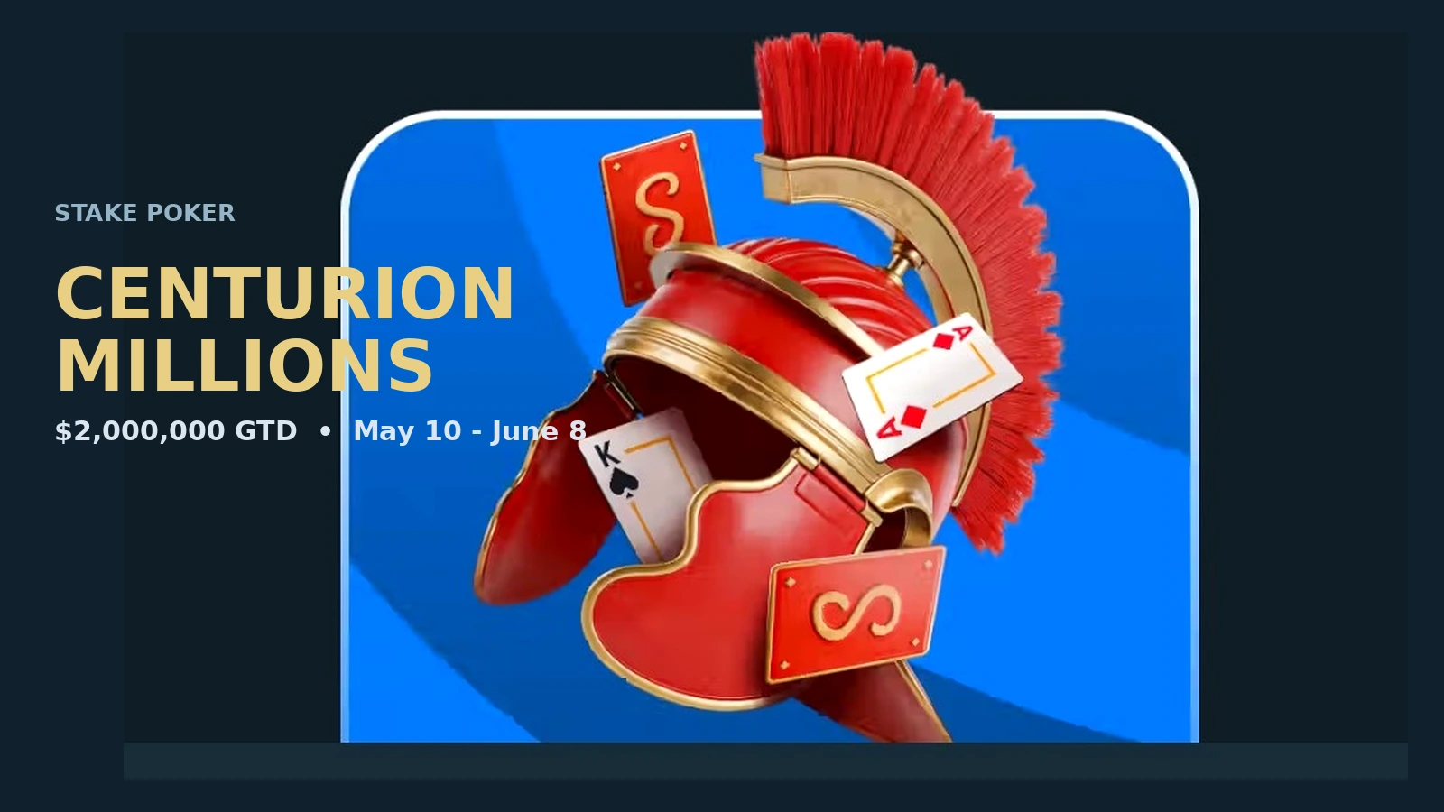Stake Poker Centurion Millions Series promo art - red Roman centurion helmet with poker cards