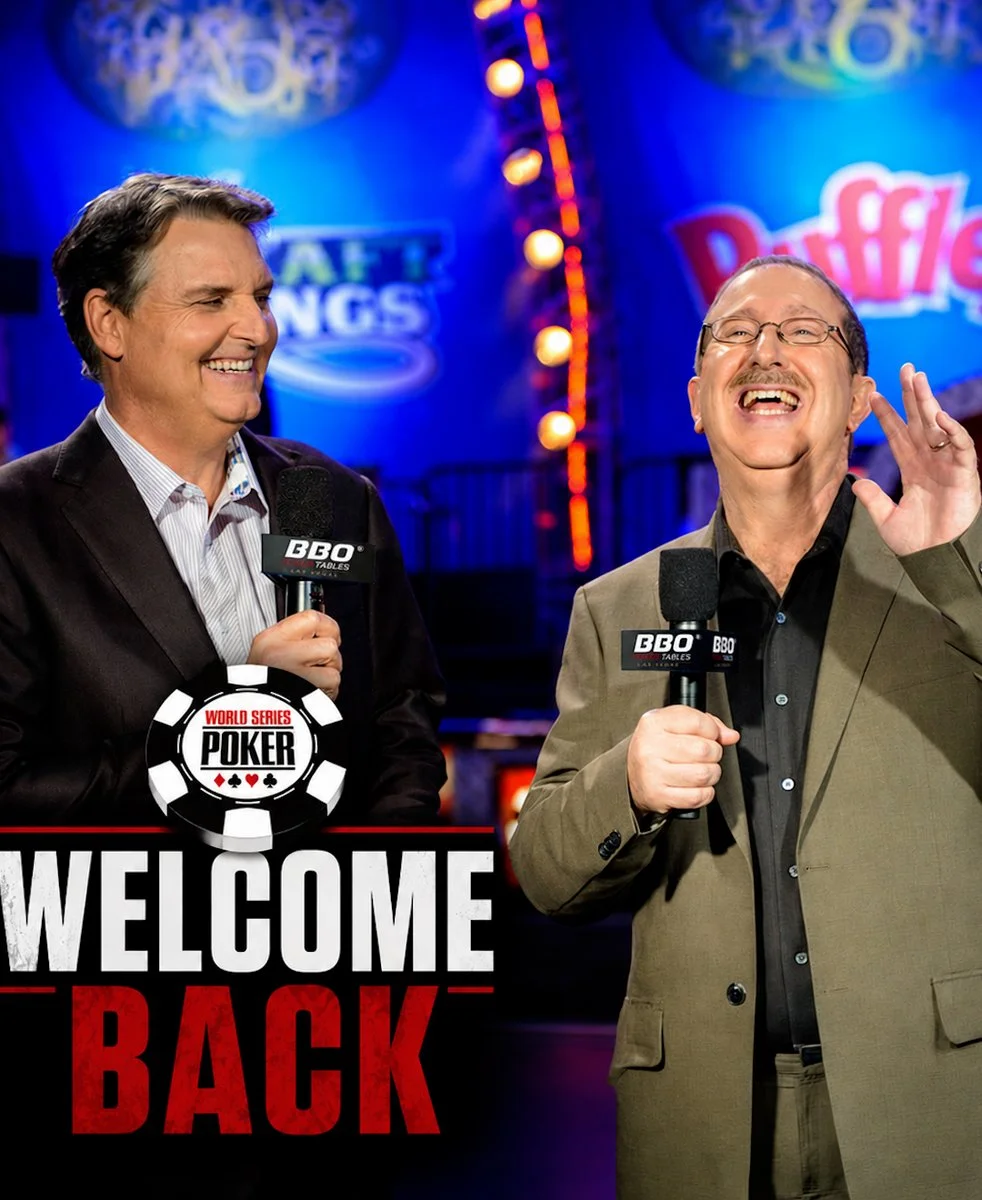 WSOP Welcome Back graphic with Lon McEachern and Norman Chad