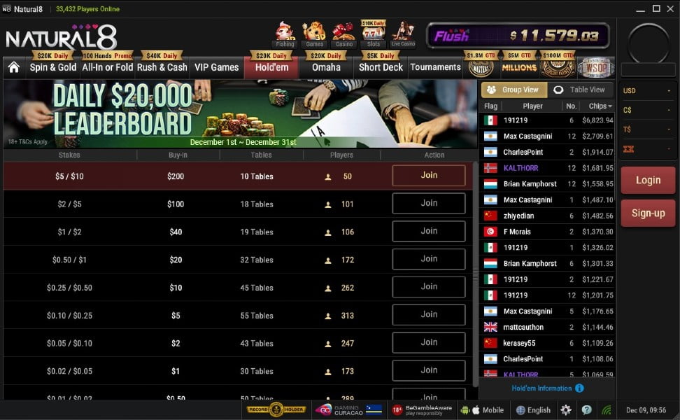 Natural8 Holdem lobby screenshot