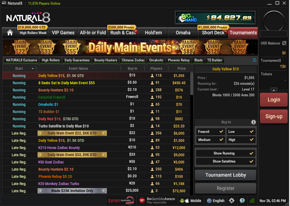 Natural8 poker lobby screenshot