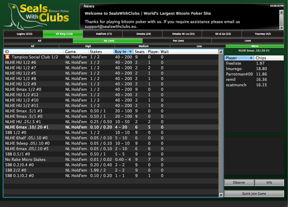SwC Poker (SealsWithClubs) lobby screenshot