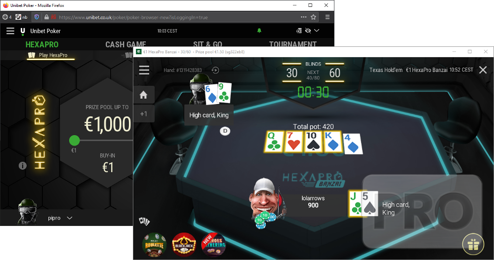 Unibet Poker v3 client lobby and HexaPro table screenshot